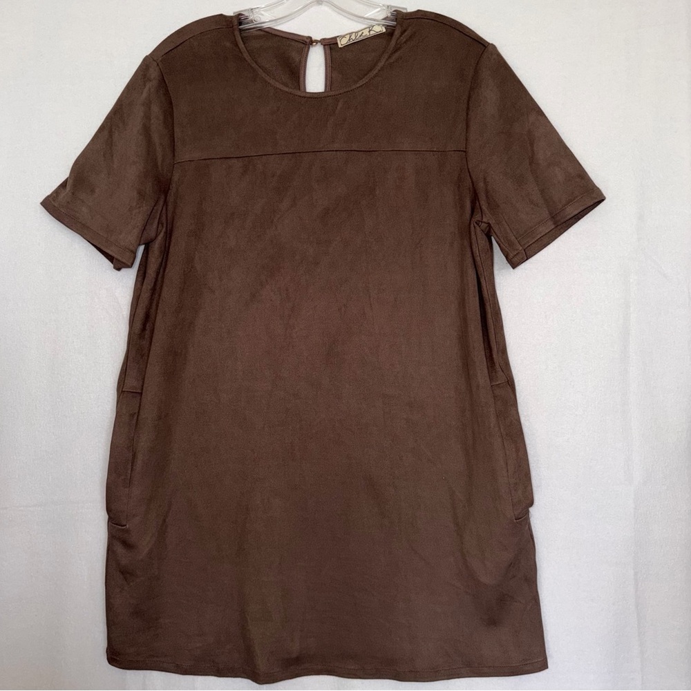 Chloe K Faux Suede Brown Mini Shift Dress Sz Large - Minimalist Neutral Fall